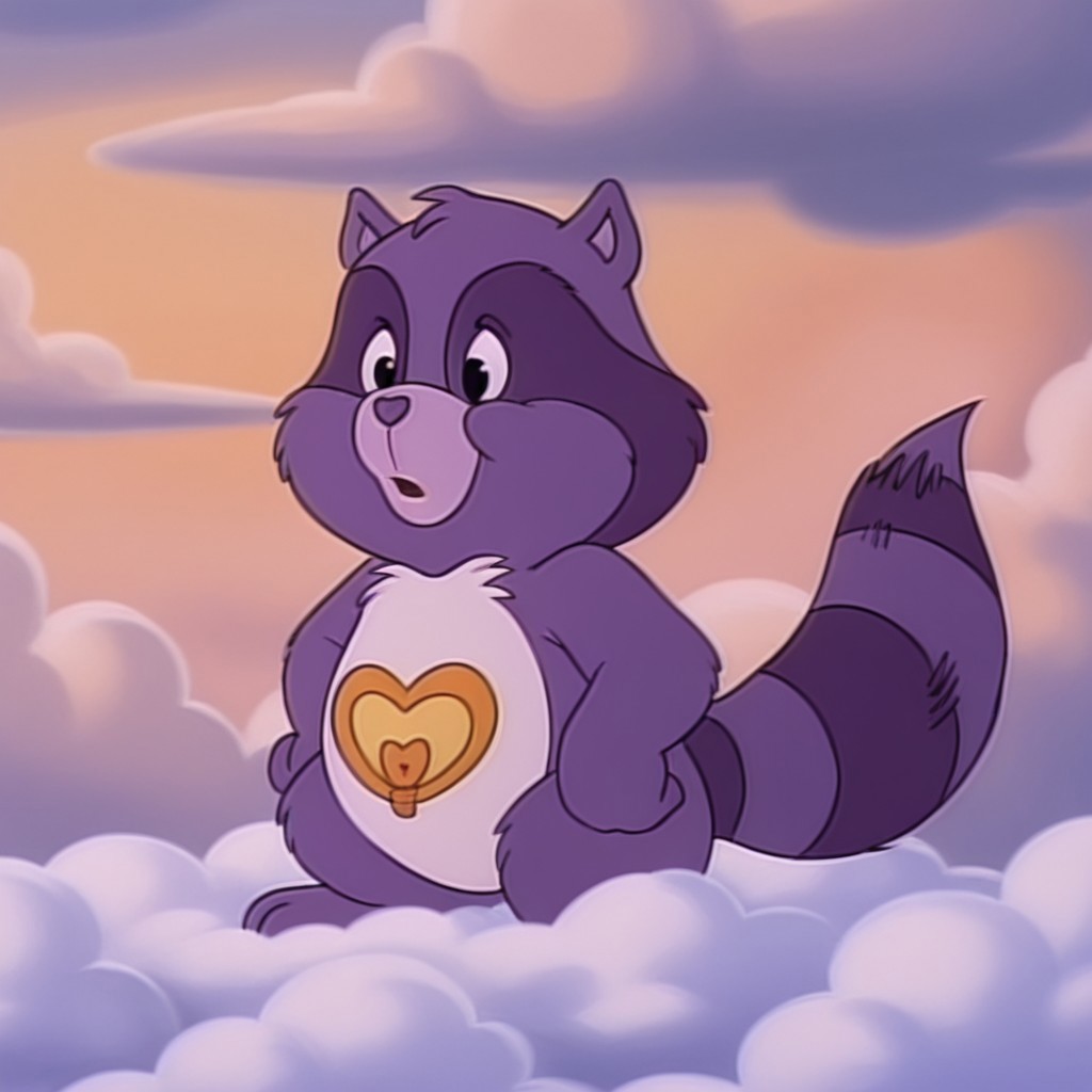 masterpiece, best quality, amazing quality,  brighthrtilv2, semi-anthro, male, raccoon_boy, purple fur, black eyes, tail, standing, on a cloud, cloud background