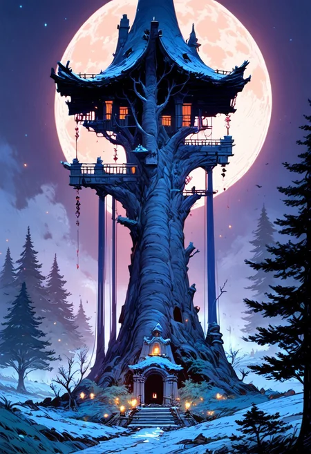 score_9, score_8_up, score_7_up, masterpiece, landscape, old forest, gnarled trees, grass, ancient houses, dilapidated buildings, shacks, witch houses, buildings, sun, epiCPhoto, long shadows, eerie, moon, dark night