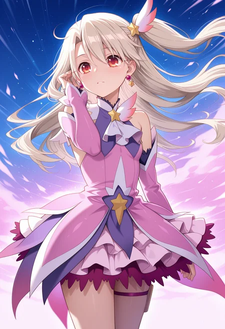 <lora:prisma_illya_zwei_form.v2:1>,illyasviel von einzbern,prisma illya,magical girl,hair ornament,red eyes,detached sleeves,star \(symbol\),earrings,jewelry,dress,one side up,skirt,pink sleeves,layered skirt,
floating hair,hair_tucking,wind,
masterpiece,best quality,amazing quality,