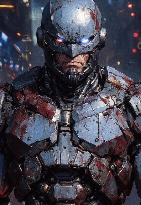 ((A close-up portrait)) Robocop, a dilapidated cyborg with mechanical armor, stained with blood and dust. Detailed metal textures, scars, damaged implants. Futuristic dystopian atmosphere, aggressive lighting with cold glare. Darksyber aesthetic, photorealistic style