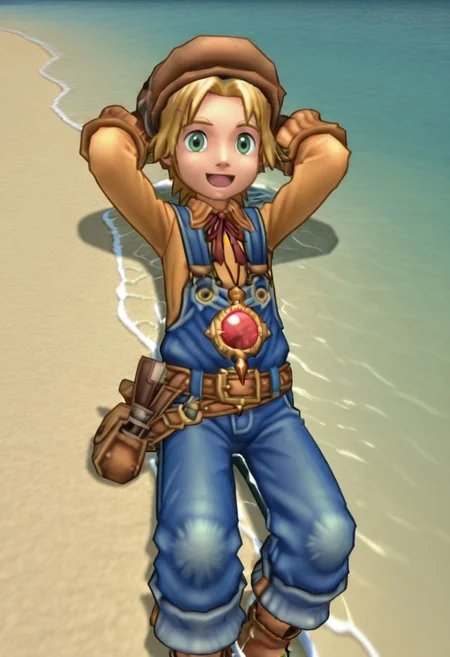 1boy, maxdc2, solo, blonde hair, green eyes, hat, fingerless gloves, long sleeves, neck ribbon, overalls, suspenders, belt, boots, jewelry, pendant, lying, outdoors, ocean, beach, water, partially submerged, looking at viewer, hands behind head, :D,