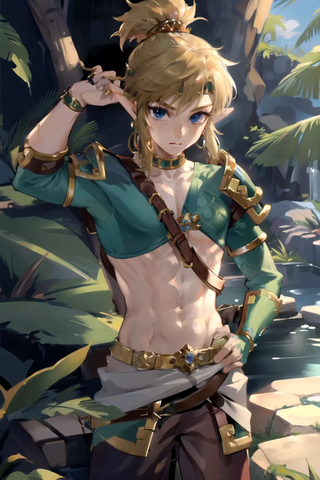 (masterpiece), (best quality),
detailed face, 1boy, solo,
desertlink, male focus, jewelry, looking at viewer, navel, ponytail <lora:LinkDesert-16:0.7>