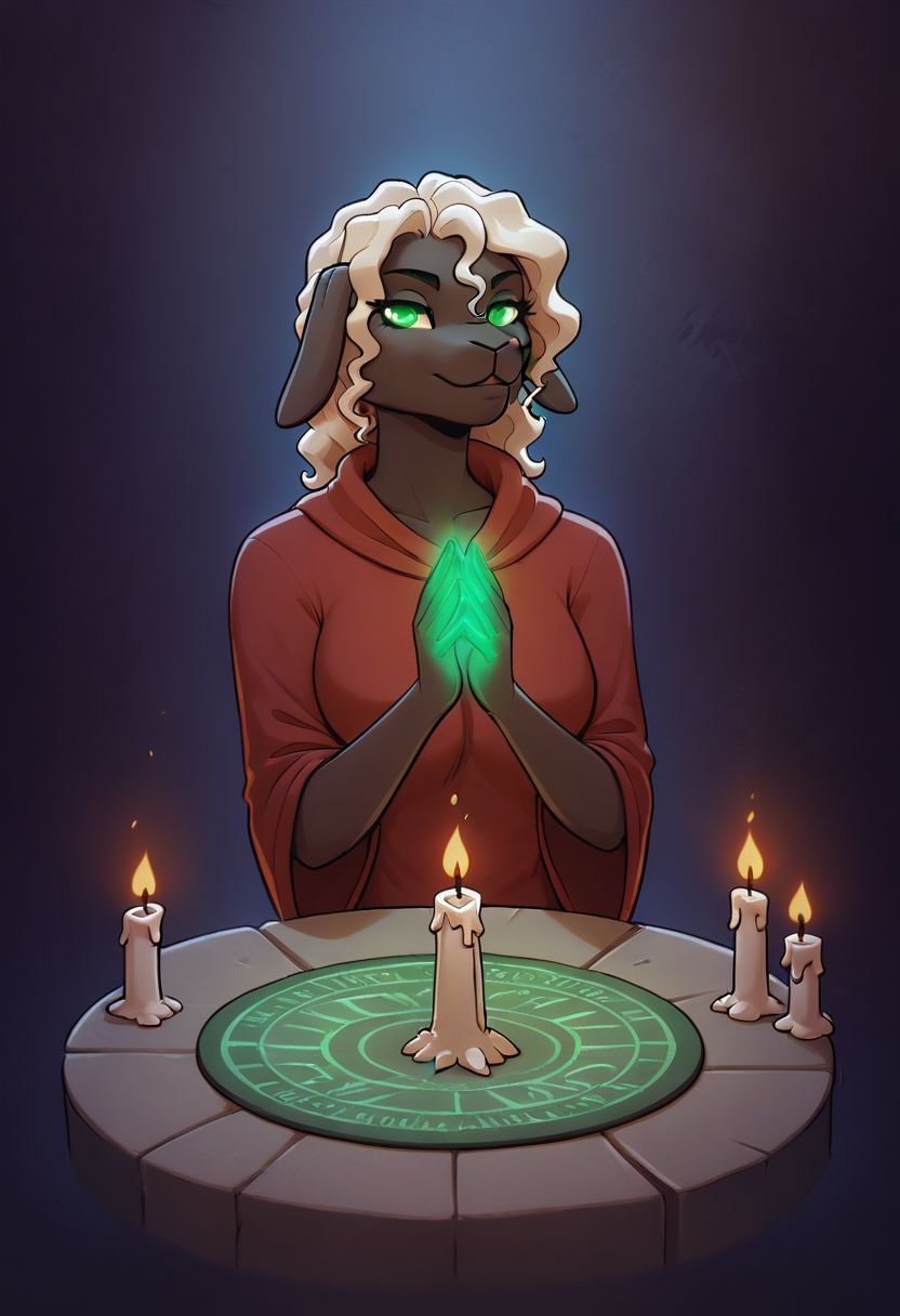 score_9, score_8_up, score_8, 1girl, , smooth, anthro sheep, detailed, perfect, red velvety robe, high quality, high definition, necromancer, glowing green eyes, casting a spell, raising a skeleton from a grave, cemetery, glowing green magic, dark sky, haunted graveyard, candles burning, green glow