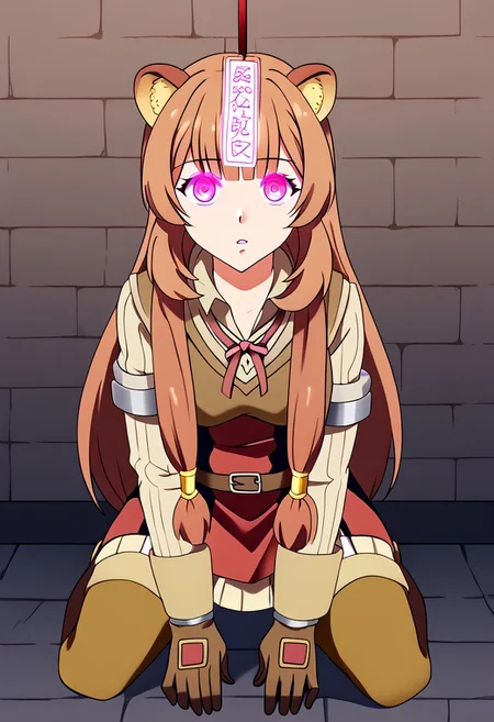 Raphtalia hypnotized by ofuda,
score_9, source anime, lewd, 1girl, smooth,
mind control, hypnotized, japanese ofuda, hanging ofuda, (glowing ofuda), ((ofuda on head)), glowing eyes, empty eyes, blank stare,
prison cell, kneeling,
raphtaliadef, animal ears, armor, short dress, neck ribbon, red ribbon, long sleeves, brown gloves, thighhighs, thigh boots, brown belt, raccoon tail