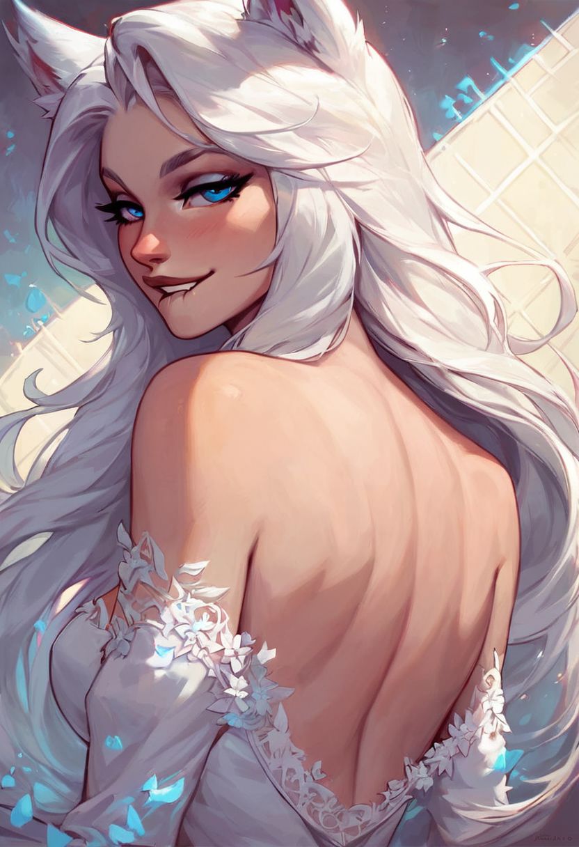 score_9, score_8_up, score_8, medium breasts,  (curvy),  wolf ears, white hair, blue eyes, pale white girl, bouncy white hair,  she is dressed in a long white dress adorned with intricate lace patterns that cascade down her body, the dress contrasts beautifully with the muted colors of the room, drawing attention to her figure. bedroom eyes, looking at viewer, smile, biting lip,  upper body, portrait, bare shoulder, back to viewer, turning,