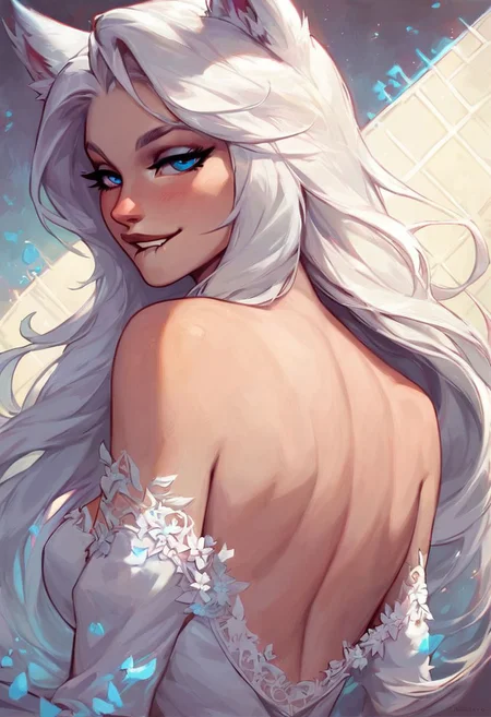 score_9, score_8_up, score_8, medium breasts, (curvy), wolf ears, white hair, blue eyes, pale white girl, bouncy white hair, she is dressed in a long white dress adorned with intricate lace patterns that cascade down her body, the dress contrasts beautifully with the muted colors of the room, drawing attention to her figure. bedroom eyes, looking at viewer, smile, biting lip, upper body, portrait, bare shoulder, back to viewer, turning,