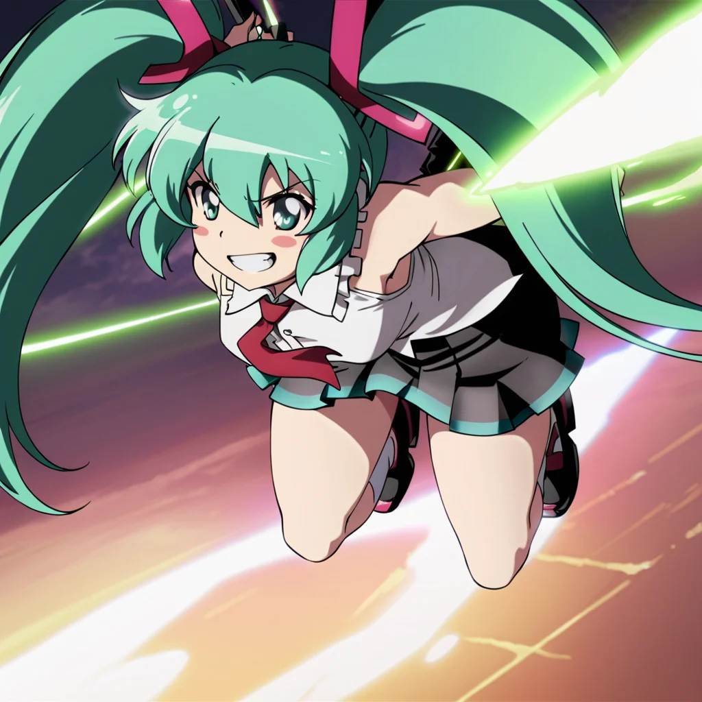 masterpiece, best quality, <lora:tgm-xl-a3.1:1>,pixiv,1girl,solo,grin,hatsune miku,green hair,long hair,twintails,headgear, bare shoulders,
, flying,danmaku, glowing,