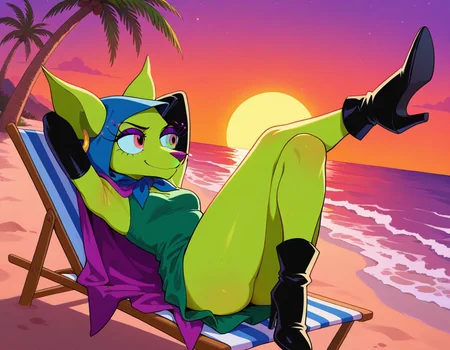 best quality, masterpiece, amazing quality, very aesthetic, absurdres, 1girl, female focus, sole focus, solo focus, dust particles in the air, dusty, bright colors, beach view, water, detailed background, beach, public beach, palm trees, orange purple sky, shirleyTM, anthro, furry female, chihuahua girl, eyelashes, purple eyelids, green skin, sharp ears, purple nose, black elbow gloves, green dress, purple cape, multicolored eyes, gold earring, blue hood, black ankle boots, high heels, happy, smile, dynamic pose, dynamic angle, dramatic angle, closed mouth, lying on back, crossed legs, hands behind head, lying on flat folding beach chair,, <lora:2b34ba43-fac4-4ad9-80f5-ad26c2e81ea0:1.2>