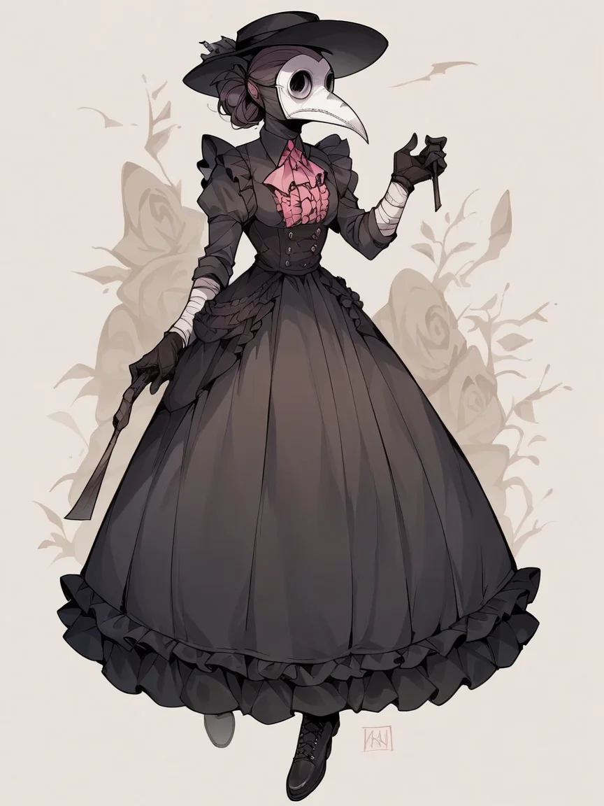 score_9, score_8_up, score_7_up, score_6_up, score_5_up, <lora:PlagueDoctorXLP:1> plague doctor, mask, hat, solo, gloves, dress, 1girl, full body, pink, frills