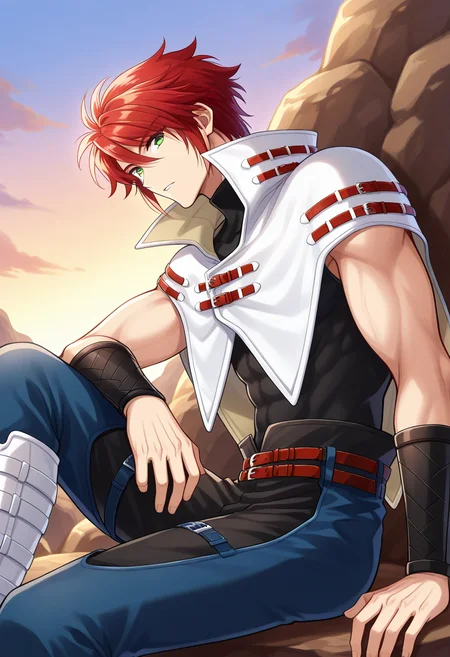 1boy, solo, forukashura, muscular, red hair, short hair, green eyes, capelet, high collar, bracer, sleeveless shirt, sleeveless, turtleneck, belt, pants, chaps, white knee boots, outdoors, sitting, rock, from side, sky, looking at viewer, parted lips,