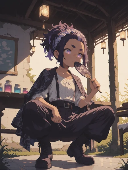masterpiece, best quality, very aesthetic, absurdres, highly detailed, (solo:1.4), S4bit4mago_illu, (solo:1.2), anime style, wasabi_natsume_illu, no lineart, no outline, LDSCH Style, HassaKu_illu, 
soft lighting, shadows, harsh shadows, pitch black, glowing outline, front light, long shadows,,  meadow, grass,
1girl, luminous hair, short hair, ponytail, bangs_pinned_back, large eyes, Cyan eyes, stern, grim, teen,  thick eyebrows, Split dyed hair, dark Royal Blue hair,  purple hair,  tall,  heeled boots,  flat chest, belt, rough patches,  (tanned, tanned skin:1.4),     
complex print,  metallic gothic overjacket, jacket on shoulders, open jacket, floral hairband,
dark purple linen undersized Vestment, robe, light Aquamarine knitted ceremonial Suspenders pants, 
front view,  from below,, fan, holding fan, crouching spread legs,,
bathhouse, tiles, benches, pool, basins, jars, pillars, towels, lanterns, changing screens, interior, long banquet tables, mystical glow, abandoned, broken, overgrown   
<lora:StS-Illustrious-Detail-Slider-v1.0:2> <lora:add-detail-xl:2>   <lora:LDSCH:0.8>  <lora:ponyv3_ill01_2_adamW:0.5> <lora:anime_screencap:0.4>  <lora:S4bit4mago:0.7>  <lora:Granblue Fantasy XLV2:0.3> <lora:ppw_v7_Illuv1.0_1_r2:0.4> <lora:HassaKu_style:0.2>  <lora:illustrious_quality_modifiers_masterpieces_v1:0.3>