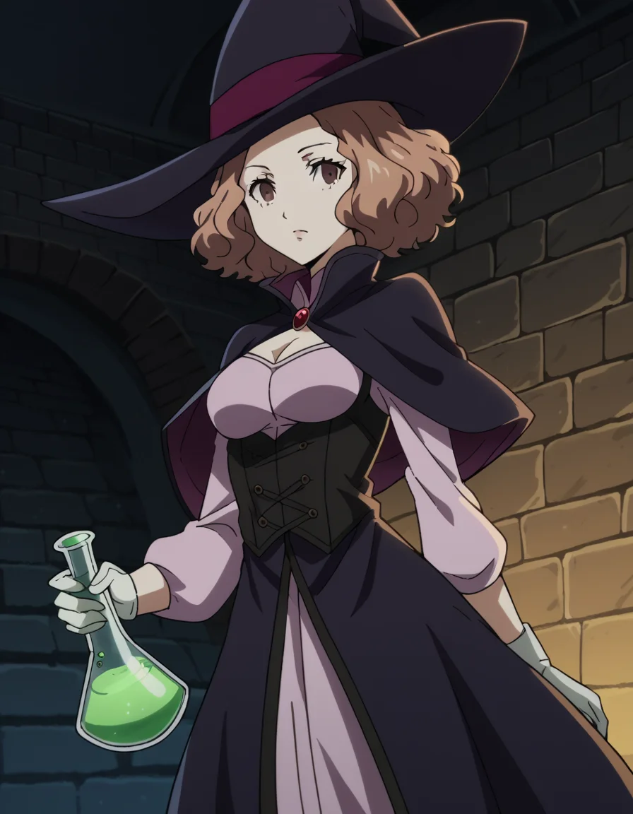 score_9, score_8_up, score_7_up, source_anime, <lora:haru-okumura-s1-ponyxl-lora-nochekaiser:1>, haru okumura, brown eyes, brown hair, short hair, medium breasts, anime screencap, <lora:wizard-ponyxl-lora-nochekaiser:1>, wizard, wizard hat, robe, dress, long sleeves, gloves,, indoors, bricks, potion, flask, vial,, cowboy shot,, , dutch angle, cowboy shot