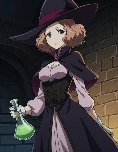 score_9, score_8_up, score_7_up, source_anime, <lora:haru-okumura-s1-ponyxl-lora-nochekaiser:1>, haru okumura, brown eyes, brown hair, short hair, medium breasts, anime screencap, <lora:wizard-ponyxl-lora-nochekaiser:1>, wizard, wizard hat, robe, dress, long sleeves, gloves,, indoors, bricks, potion, flask, vial,, cowboy shot,, , dutch angle, cowboy shot