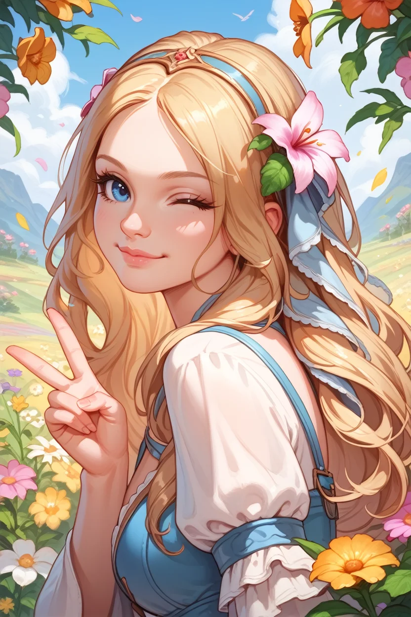 score_9, score_8_up, score_7_up,
<lora:SmiteAphrodite:0.8>
SmiteAphrodite, 1girl, long hair, blonde hair, blue eyes, looking at viewer, from side, wink, happy, smile, closed mouth, peace sign, flowers, meadow