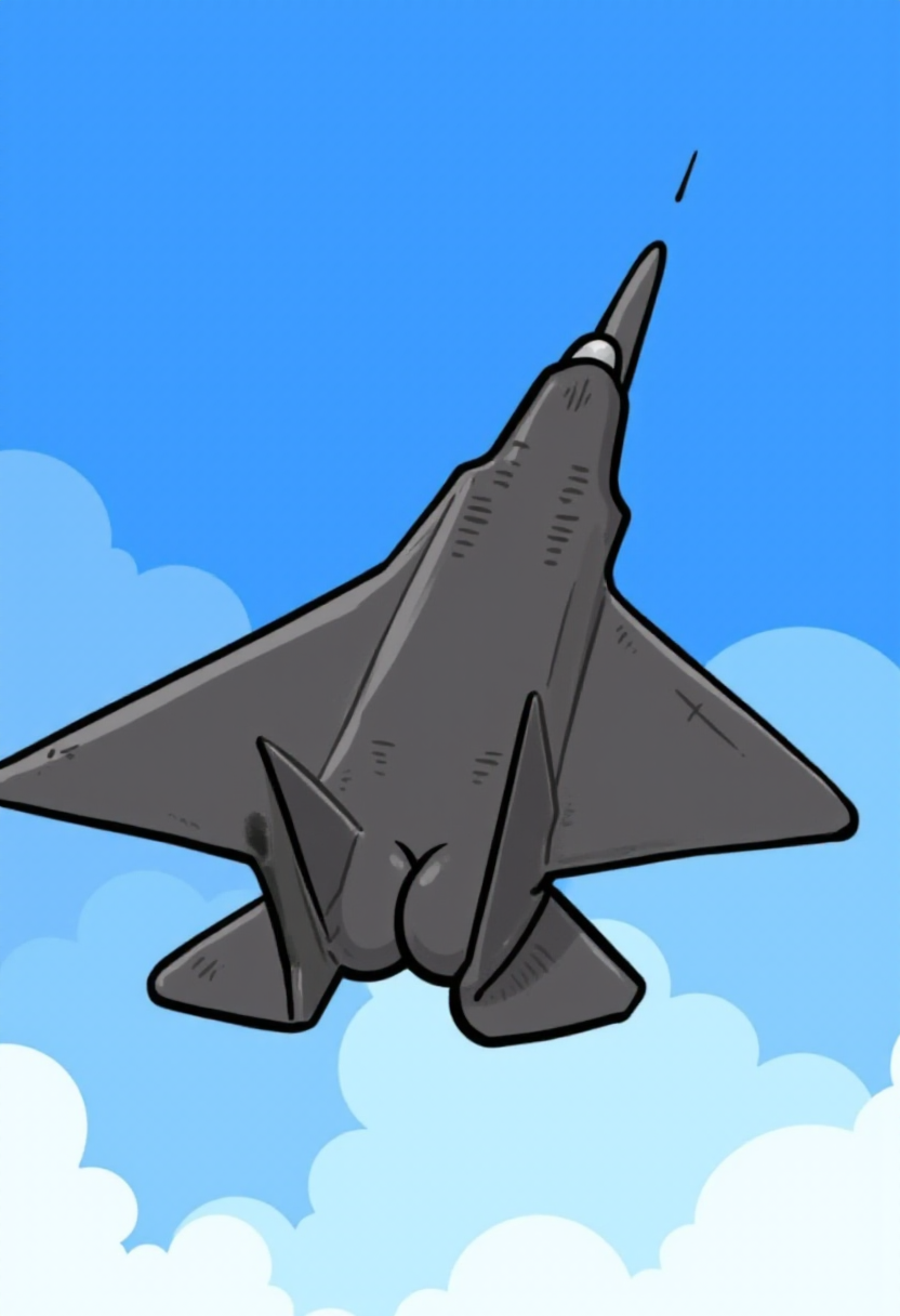 <lora:Butt_Stuff_FLUX-000018:0.9>
Cartoon illustration of stealth fighter jet, with a pair of cartoonishly large, round buttocks. Blue sky background.