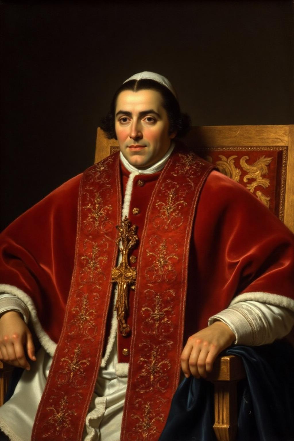 jldavid1 painting.
A clergyman, seated in an ornate chair with a richly patterned, red velvet cushion. The subject, dressed in a traditional ecclesiastical attire, is adorned with a red mozzetta, a type of outer garment typically worn by cardinals or bishops, featuring intricate, gold embroidered patterns. The mozzetta is draped over a white cassock, which is visible beneath. He wears a white rochet, a long, lace-trimmed garment, and a white, lace-trimmed amice around his neck. <lora:jldavid1_cap_d6a3:1.0><lora:815786638241204041:0>