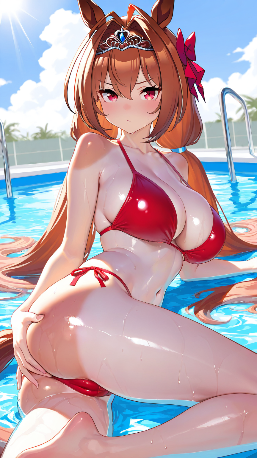 (masterpiece, best quality), amazing quality, very aesthetic, absurdres, highres, newest, HDR, 8K, high detail RAW color art, intricate details, high contrast, detailed background, beautiful detailed, beautiful face, blight face, large pupil, eyelashes, brilliant skin, shiny skin, perfect hand,
1girl, solo, daiwa scarlet \(umamusume\), horse tail, horse ears, brown hair, very long hair, bow, hair intakes, red eyes, summer, low twintails, navel, cleavage, bare shoulders, collarbone, barefoot, red bikini, cameltoe, sunburn, sunburn, (tiara), outdoors, sky, cloud, summer, navel, collarbone, behind viewer, (ass, ass grab), looking back, side view, low angle, water, wet, sunlight, half submerged, partially submerged, pool, poolside, pool ladder looking at viewer, colored lighting, natural lighting, dramatic lighting,