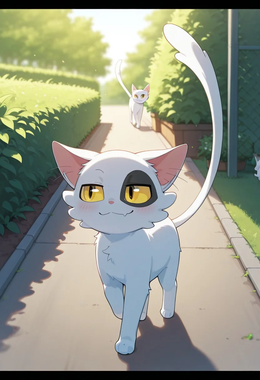 score_9, score_8_up, score_7_up, score_6_up, score_5_up, score_4_up, solo, feral, cat, white fur, white cat,yellow eyes, smug, walking,yard