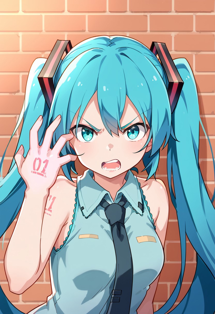 score_8, score_8_up, score_7_up, 1girl, female focus, solo, shyai_fin, hand up, glowing hand, open mouth, Hatsune Miku, aqua hair, twintails, aqua eyes, necktie, collared shirt, sleeveless, looking at viewer, hand tattoo, brick wall, angry,( leaning forward:0.7), upper body