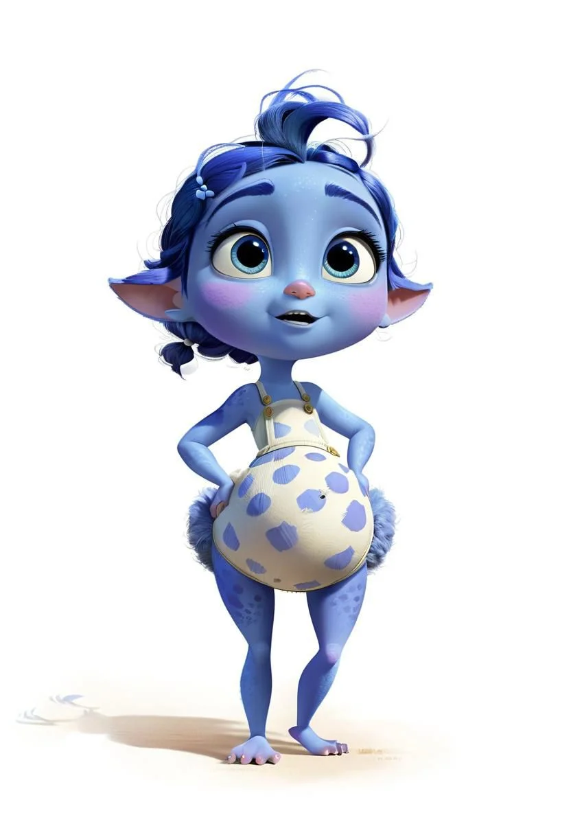 In the whimsical world of Pixar, a charming new character springs to life like a watercolor painting brought to animation, The character is small, not more than a foot in height, with a round, plump body that exudes an irresistibly endearing charm, The character's base color is a soft, soothing shade of periwinkle blue, akin to the gentle hues of twilight, It's adorned with dappled, luminescent spots of aqua and lilac, which resemble the play of moonlight on water, These spots seem to shimmer and twinkle as the character moves, adding a touch of magic to its appearance, Large expressive eyes dominate the character's face, They glisten with an inviting warmth, and their irises are the color of deep, rich honey, reflecting wisdom and kindness beyond their years, Wisps of feathery, lavender-colored eyebrows frame these soulful eyes, adding to the character's endearing expressiveness, Graphic illustration vs comic art, cat black and silver abstract beauty, centered, looking at the camera, approaching perfection, dynamic, moonlight, highly detailed, digital painting, artstation, concept art, smooth, sharp focus, illustration, art by Carne Griffiths and Wadim Kashin