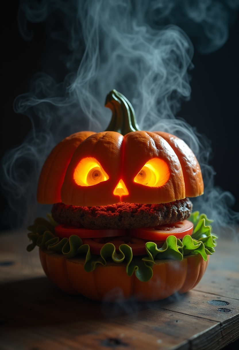  analog photo, product studio, high key, inconming dappled lighting, steam haze from product, anthropomorphic pumpkin burger made of halloween spooky glowing eyes  pumpink on top. product studio shot, cinematic, dark background, masterpiece, sharp focus