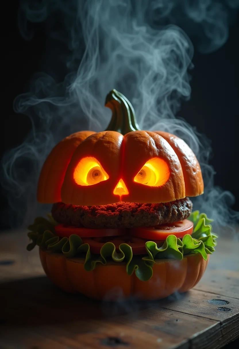 analog photo, product studio, high key, inconming dappled lighting, steam haze from product, anthropomorphic pumpkin burger made of halloween spooky glowing eyes pumpink on top. product studio shot, cinematic, dark background, masterpiece, sharp focus