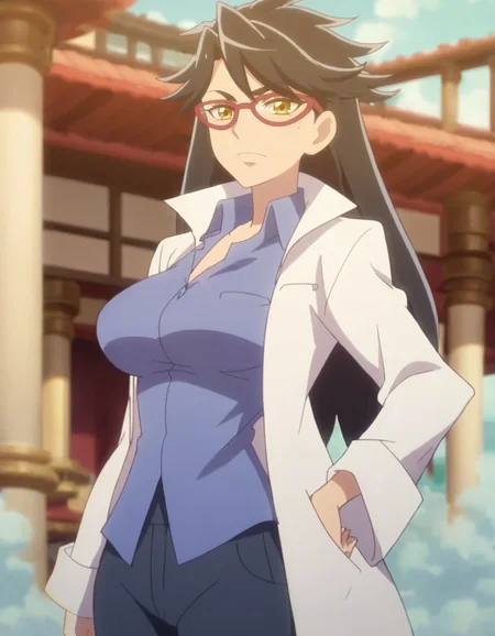 score_9, score_8_up, score_7_up, anime screencap, solo,1girl,gashuinsarena, labcoat, glasses, shirt, pants, looking at viewer, blue shirt, mole,large breasts,wide hip<lora:gashuinsarena_pony:0.8>