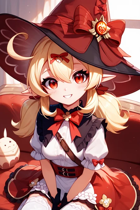 score_9, score_8_up, score_8, medium breasts, (curvy), cute, eyelashes, ,,, , ,,, zzKlee, hair between eyes, red eyes, ahoge, blonde hair, long hair, low twintails, pointy ears, twintails, witch hat, bow, gloves, short sleeves, black gloves, alternate costume, sidelocks, hat bow, <lora:KleeBlossomingStarlight_Genshin_PDXL:1.0>, ,,,, BREAK, ,,, smile, looking at viewer, blush, blurry, couch, sitting, ,,, shiny skin, <lora:ProAnime_PDXL_v1:0.7>, ,,, embedding:zPDXL, Expressiveh, <lora:SDXLFaeTastic2400:0.5>, <lora:Expressive_H-000001:0.4>,