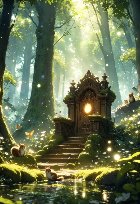 detailed landscape, no humans, mythic forest, huge and tall trees, very green, magic particles, shiny, moss, beautiful white flowers, empty wooden throne in the middle of the forest, animals, birds, squirrels, fairies, fireflies, light passing with difficulty through the leaves of the trees, sun rays, cgi, cinematic, masterpiece, best quality, very aesthetic, absurdres, <lora:add-detail-xl:1>,  <lora:MJ52:0.25>,  <lora:SDXLFaeTastic2400:0.4>,