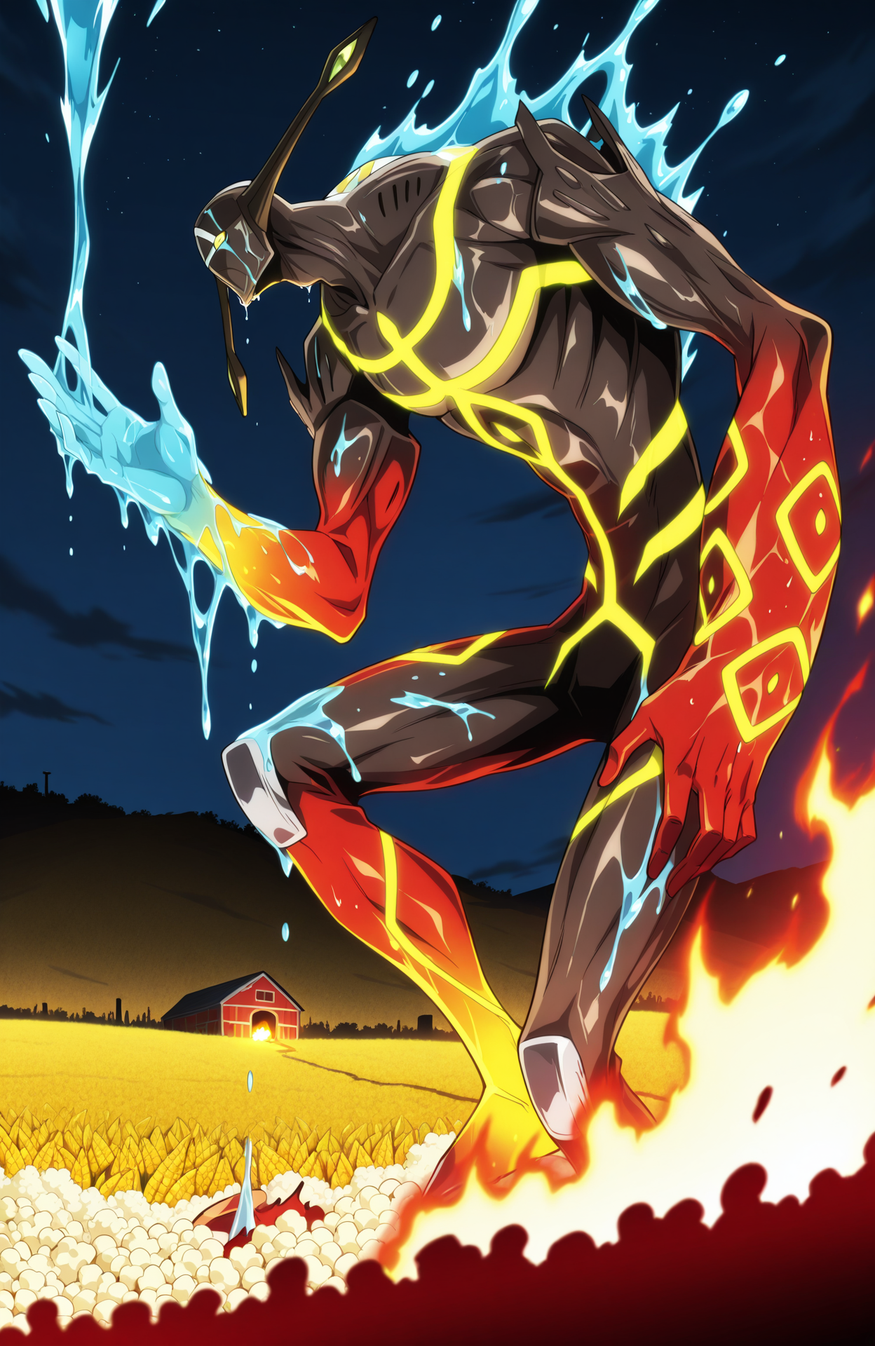 sk21_spof, humanoid, (metal body), 
leaning forward, arm at side, raised hand,
from side, on one knee,
giant, kaiju,
wet, water magic, hydrokinesis, melting,
<lora:[Char - IL] Shaman King - Spirit of Fire (R1E14):1> 
BREAK
corn field, barn, burning corn field, popcorn, flying popcorn,
night,
best quality, masterpiece, highres,