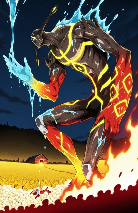 sk21_spof, humanoid, (metal body), 
leaning forward, arm at side, raised hand,
from side, on one knee,
giant, kaiju,
wet, water magic, hydrokinesis, melting,
<lora:[Char - IL] Shaman King - Spirit of Fire (R1E14):1> 
BREAK
corn field, barn, burning corn field, popcorn, flying popcorn,
night,
best quality, masterpiece, highres,