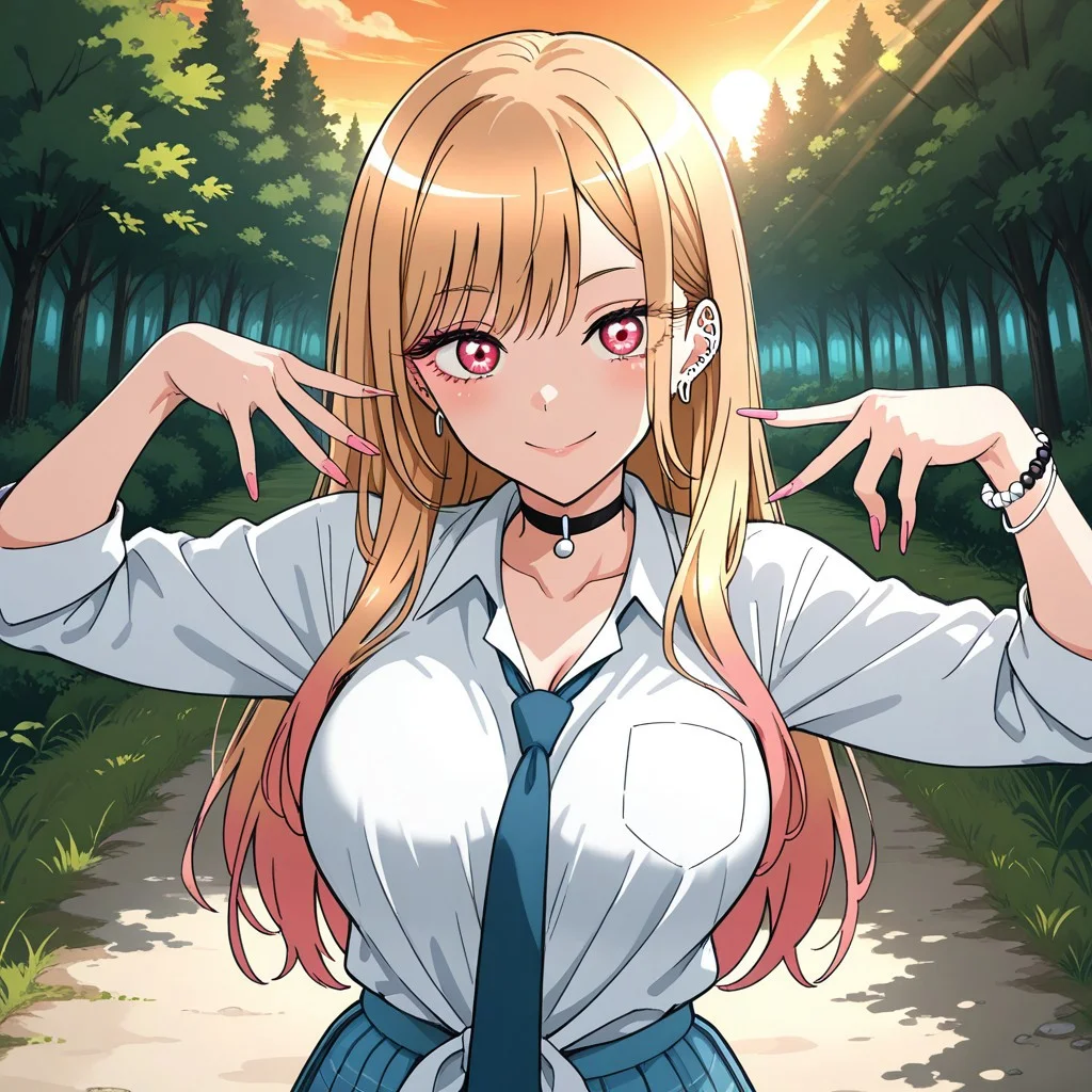 score_9, score_8, BREAK, solo, Marin Kitagawa,blonde hair,long hair,multicolored hair,red eyes,pink nails, nail polish, fingernails, jewelry, earrings, ear piercing, necklace, choker, barbell piercing,bracelet,blue necktie, white shirt,tied shirt, blue skirt,pleated skirt,collared shirt, big breasts, sexy pose, self portrait, smile, looking at viewer, outdoors, sunlight, shadows, evening lighting, natural lighting, forest, trees, grass, orange sky, sunset