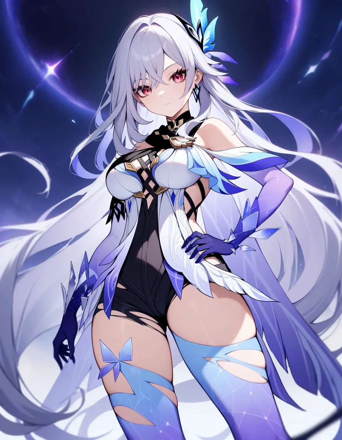 skirk \(genshin impact\), genshin impact, 1girl, solo, breasts, long hair, gloves, thighhighs, looking at viewer, elbow gloves, hand on hip, bangs, hair ornament, jewelry, blue gloves, bare shoulders, grey hair, large breasts, earrings, thighs, blue thighhighs, purple eyes, very long hair, hair between eyes, torn clothes, leotard, dress, red eyes, standing, closed mouth, black shorts, shorts, universe, event horizon
masterpiece, best quality, very aesthetic, absurdres
<lora:a31_skirkXL:1>