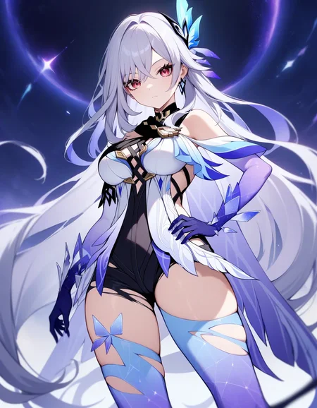 skirk \(genshin impact\), genshin impact, 1girl, solo, breasts, long hair, gloves, thighhighs, looking at viewer, elbow gloves, hand on hip, bangs, hair ornament, jewelry, blue gloves, bare shoulders, grey hair, large breasts, earrings, thighs, blue thighhighs, purple eyes, very long hair, hair between eyes, torn clothes, leotard, dress, red eyes, standing, closed mouth, black shorts, shorts, universe, event horizon
masterpiece, best quality, very aesthetic, absurdres
<lora:a31_skirkXL:1>