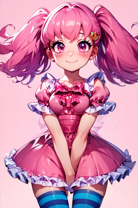 score_9, score_8_up, score_8, medium breasts, (curvy), cute, eyelashes,       BREAK, , <lora:WhitneyPDXL:0.8>, zzWhitney, pink eyes, pink hair, pigtails, hair clip, , BREAK, closed mouth, alternate costume, smile, looking at viewer, blush,  zzLFashion, frilled dress, frills, bow, dress, striped thighhighs, sweetL, cowboy shot,  embedding:zPDXL, Expressiveh,  <lora:Vivid:0.7>,  <lora:LFashionPDXL:1>,  <lora:Uncensored_PonyXL_cpt_v02.09:0.4>,  <lora:Expressive_H-000001:0.4>,