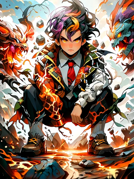 (zPDXL2), source_anime, rating_safe, good_hands, Terra, the Earth Elemental, spirit, natural colors, full body, rock body, mineral veins, earth magic, stone skin, golem, nature aura detailed background, outdoors, monster, fighting, battle, league of legends style, DonM34r7h3l3XL, dark aura, <lora:score9DoraForPony_v20:1>, <lora:SDXLFaeTastic2400:0.4>, <lora:pony_good_hands:1>, <lora:LeagueOfLegendsV4:0.2>, <lora:MJ52:1>, <lora:add-detail-xl:0.4>, <lora:DonM34r7h3l3XL-pony:1.5>, <lora:Dark_Aura_for_Pony:1>, <lora:EnvyPonyPrettyEyes01:1>,detailed_background,outdoors,purple hair,open mouth,pokemon,nintendo,necktie,red necktie,collared shirt,kieran \(pokemon\),looking at viewer,serafuku,creatures \(company\),hairband,yellow eyes,leftporygon,pokemon sv,pleated skirt,1boy,black hair,male focus,socks,game freak,shirt,multicolored hair,jacket,highres,school uniform,shoes,brown footwear,crossdressing,blush,short sleeves,yellow hairband,loose socks,hair between eyes,two-tone hair,crossed bangs,:o,off shoulder,skirt,white shirt
