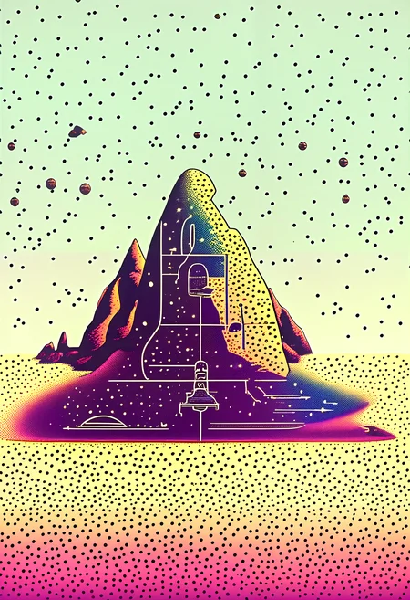 Pointillist style with small, distinct dots of color that blend together to form an image, Sad alien smokes, sitting on a ground, An alien ship crashed into the ground, desert, (fire:0.2), small dots, distinct, blend together, dotted, intricate, optical illusion, vibrant, detailed
