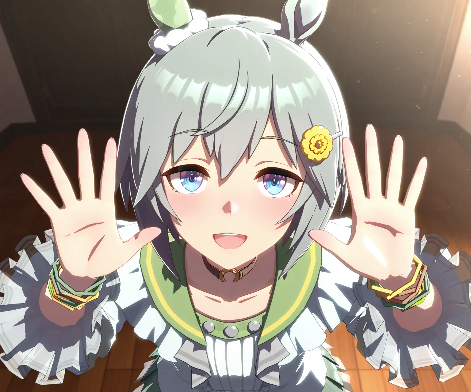 masterpiece, best quality, amazing quality, , 1girl, solo, looking at viewer, <lora:Seiun Sky in game style 3D ILL-v2:1> ummsmingame, 3d, seiun sky \(umamusume\), smile, open mouth,