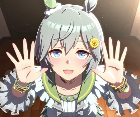 masterpiece, best quality, amazing quality, , 1girl, solo, looking at viewer,  <lora:Seiun Sky in game style 3D ILL-v2:1> ummsmingame, 3d, seiun sky \(umamusume\), smile, open mouth,
