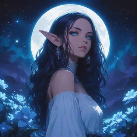 elf, female, elf ears, long flowing black hair, glowing eyes, moonlit night, full moon, night sky, stars, glowing flowers, moonlight glow, best quality, <lora:Elf-000011:0.8>