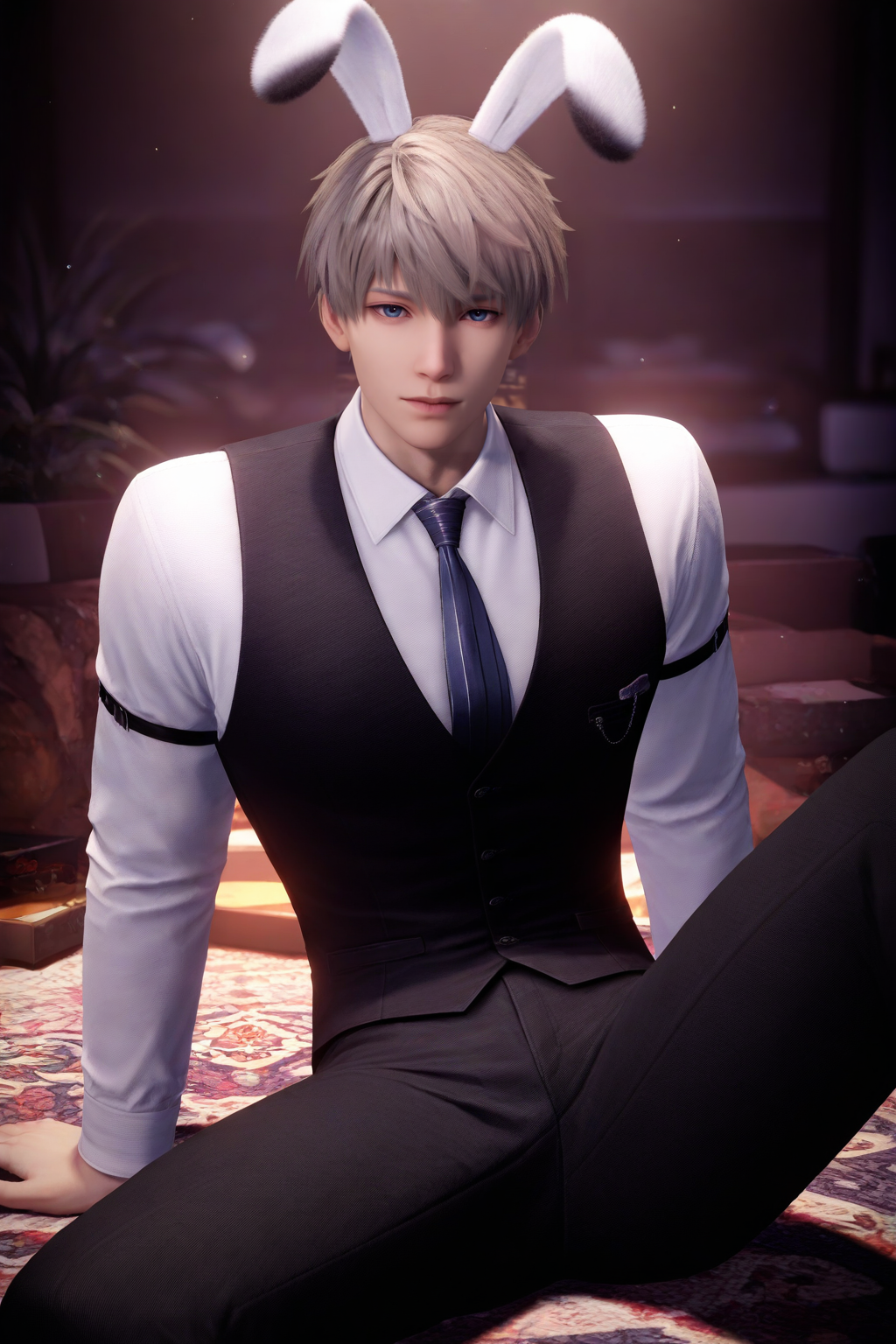 <lora:xavier-NAI:0.7>,xavier, 1boy, male focus, animal ears, rabbit ears, solo, necktie, pants, shirt, sitting, vest, black pants, blue eyes, looking at viewer, white shirt, short hair, black vest, fake animal ears, indoors, long sleeves, grey hair,yaoi,bara,male focus,very awa,masterpiece,best quality,amazing quality,nsfw,uncersored,highres,best quality,amazing quality,best aesthetic,absurdres,