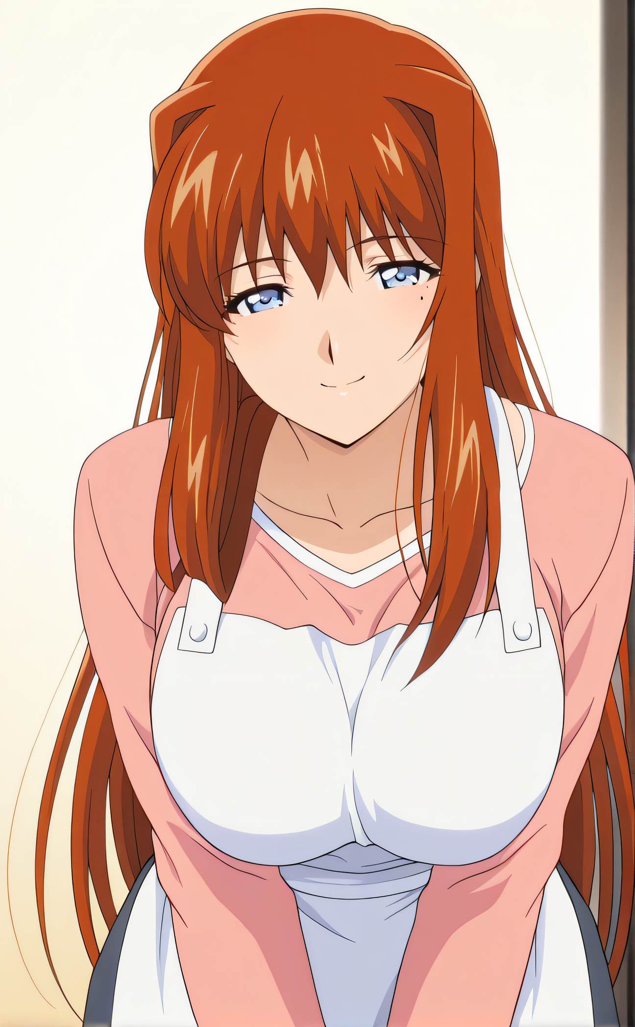 masterpiece, best quality, highres, newest, 1girl, solo, official style, anime screencap, <lora:IL_Sano_Kyouko:1>, sanokyouko, brown hair, blue eyes, long hair, large breasts, mole under eye, shirt, white apron, looking at viewer, smile, indoor, cowboy shot