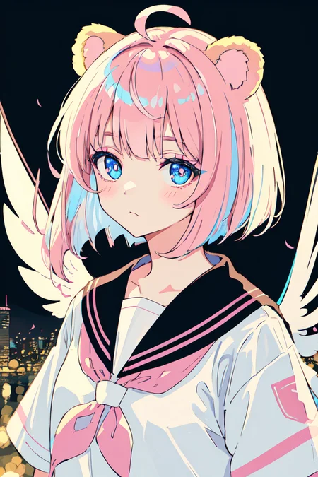 skistyle, 1girl, solo, pink hair, animal ears, blue eyes, wings, looking at viewer, bangs, short hair, bow, sailor collar, white sailor collar, hair bow, pink bow, closed mouth, shirt, white shirt, bear ears, bob cut, mini wings, portrait, detached wings, makeup, upper body, city in background