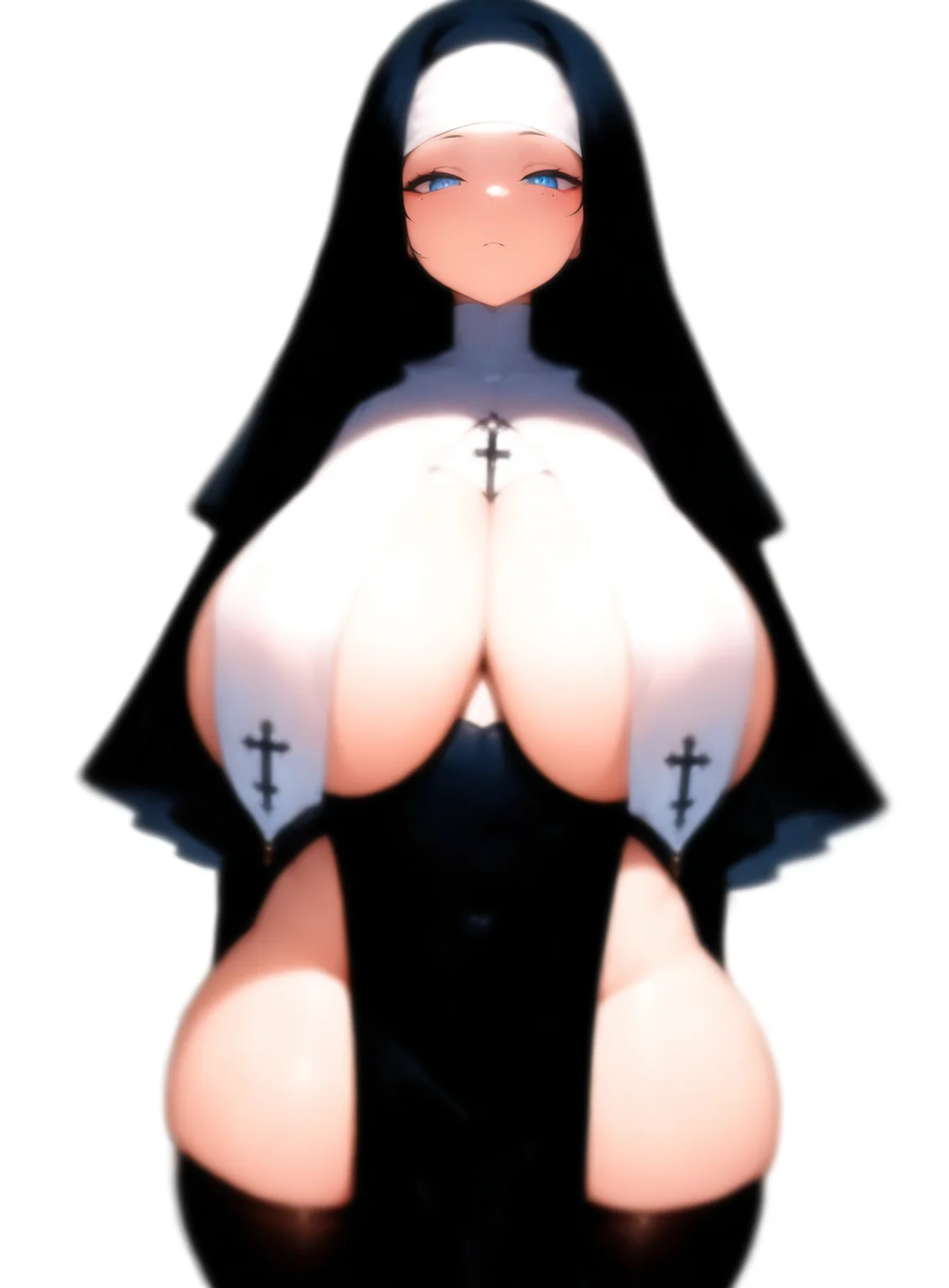 1girl, huge breasts, solo, thighhighs, nun, simple background, looking at viewer, breast curtains, <lora:BloomLight_IL_V2-000004:1> Bl00mLi6ht, (bloom), <lora:noobai_vpred_1_masterpieces_v1:1> masterpiece, best quality, very awa, absurdres