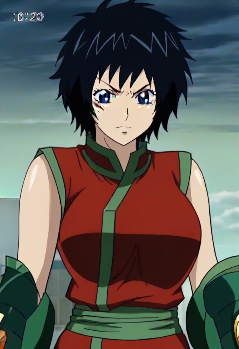 short black hair, blue eye, Scar on right cheek, red sleeveless outfit with green trim,, ,,,,,anime coloring, anime screencap , 1girl,Solo ,, anime,,PUFFY nipple,huge breasts,,, official art,,Uncensored ,Unedited ,,,, ,, ,, , ,,, ,, , ,,,