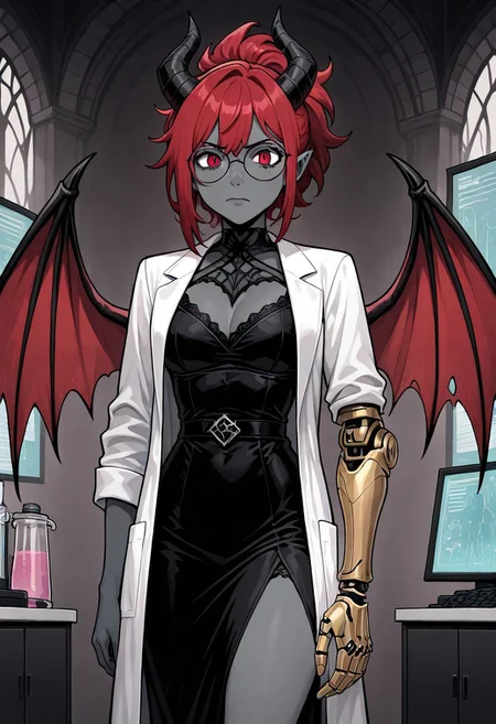 masterpiece, best quality, newest, absurdres, highres, SOPHV2.1, demon girl, grey skin, colored skin, glasses, round eyewear, prosthetic arm, prosthesis, lab coat, dress, black dress, open coat, red hair, horns, black horns, solo, solo focus, wings, demon wings,