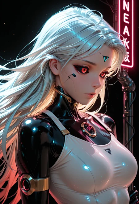 SmoothNoob_Quality, 1girl, android, bodysuit, black ink, black sclera, red eyes, neon colors, flowing hair, upper body view, blue neon lights, black background, futuristic,βββ