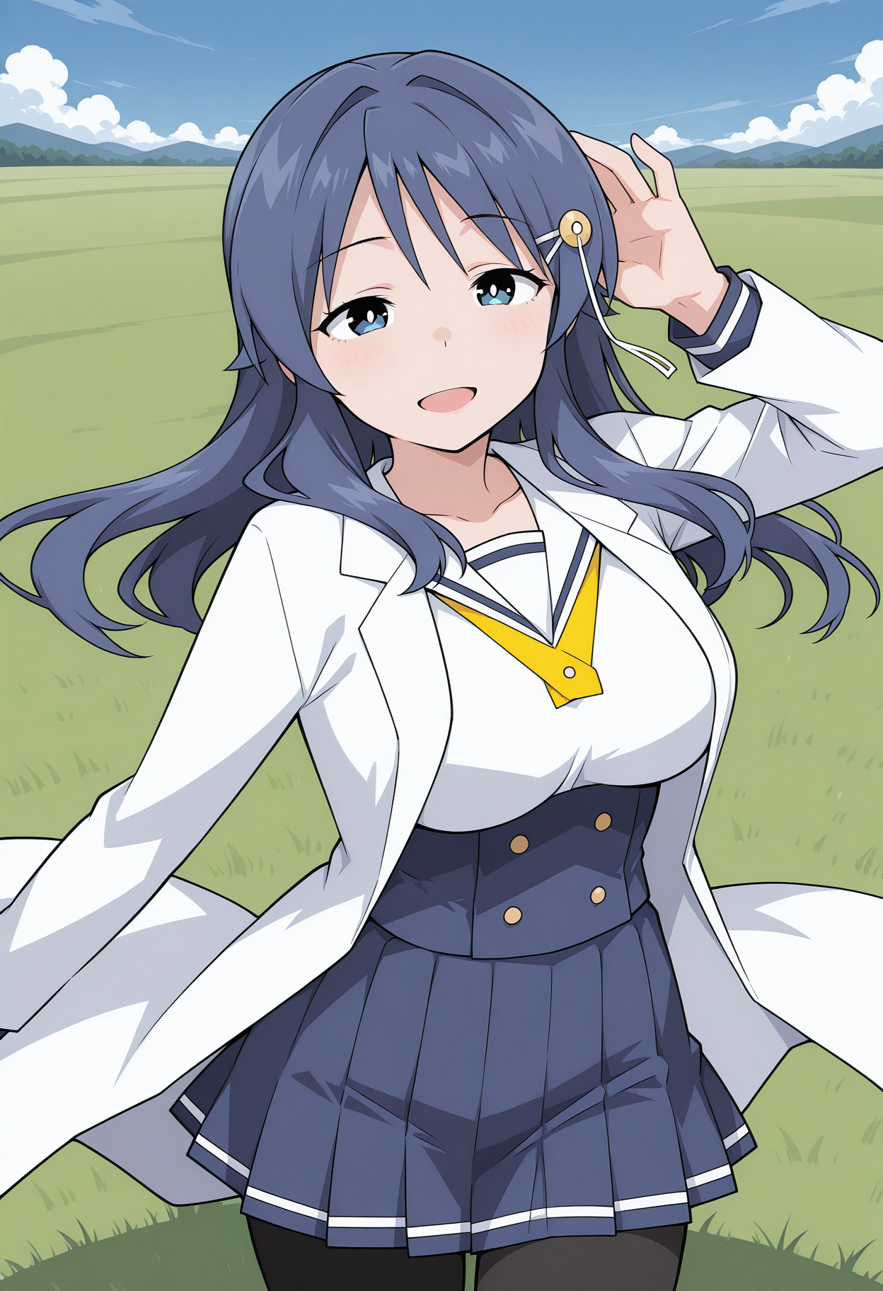oohara_kotone, blue eyes, blue hair, long hair, hair ornament, hairclip, lab coat, school uniform, buttons, sailor collar, long sleeves, blue skirt, pleated skirt, pantyhose, <lora:oohara_kotone_illustrious_ver2:0.8>
smile, open mouth, cowboy shot,, masterpiece, best quality, sensitive,, 1girl, solo, blue sky, (grasslands:1.2), looking at viewer,, (dynamic pose:1.4), (upside-down:-1),