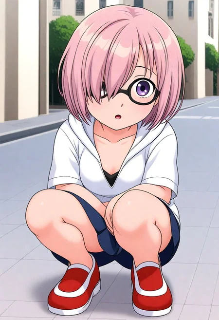 <lora:Hyper-SDXL-8steps-lora:1><lora:Fixhands_anime_bdsqlsz_V1:1>
zPDXL2, outdoors, city, tokyo, japan, 
downblouse, squatting, Fearful, Wide-open eyes, a furrowed brow, and a slightly open mouth.,
1girl, solo, clothed, mash kyrielight, purple hair, hair over one eye, glasses, white hoodie,
 <lora:artist-k02_XL(pony)v10:0.9>
