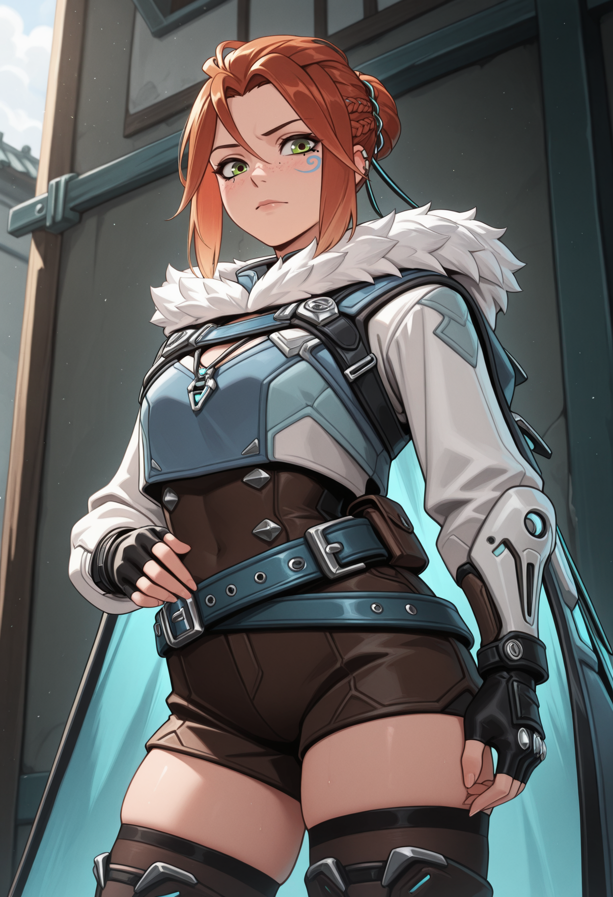 masterpiece, best quality, amazing quality, <lora:frejaV2Illustrious:1> ow2freja,
vest, , asymmetrical facial mark, fingerless gloves, cowboyshot, belt, fur trim, cape, shorts, thighhighs,